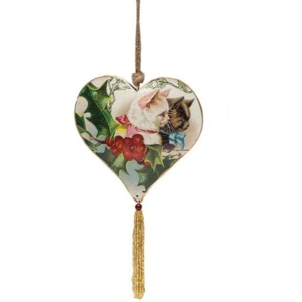 Vintage-Inspired metal Heart Ornament W/ Cats & Tassel By Gallerie II kittens